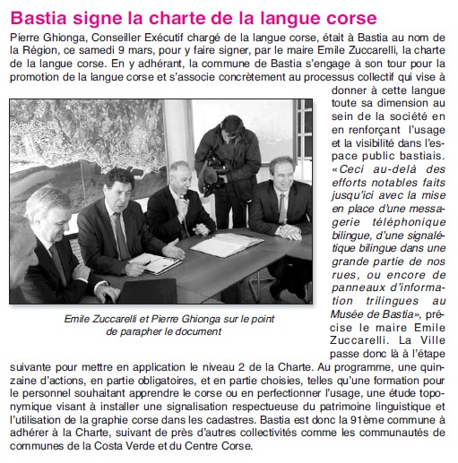 Article "Bastia signe la charte de la langue corse" - L'Informateur Corse Nouvelle du 15 au 21 mars 2013