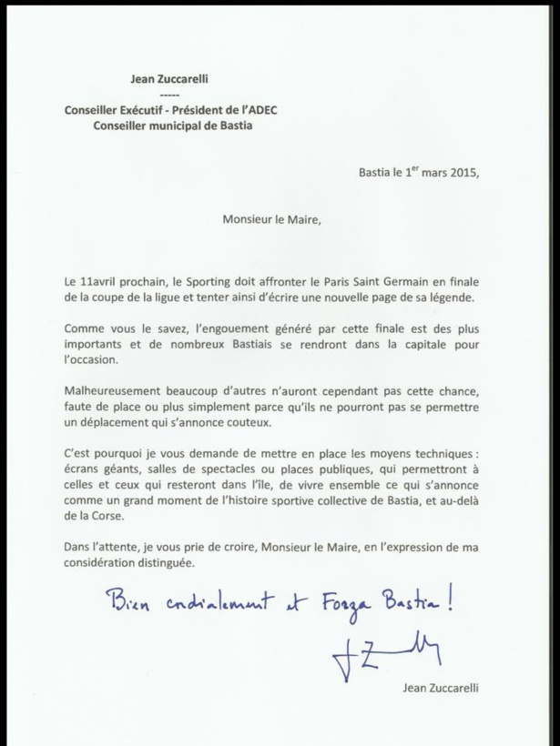 Des écrans géants pour la finale du 11 avril, mon courrier à Gilles Simeoni. Des écrans géants pour la finale du 11 avril, mon courrier à Gilles Simeoni.