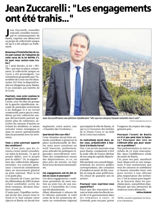 En l'état, le projet de collectivité unique est catastrophique pour Bastia et contraire aux intérêts de la Corse.