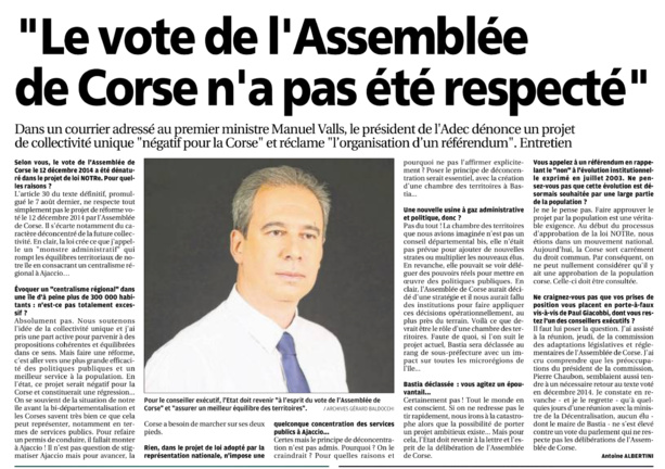 Corse Matin revient sur ma lettre ouverte un Premier Ministre