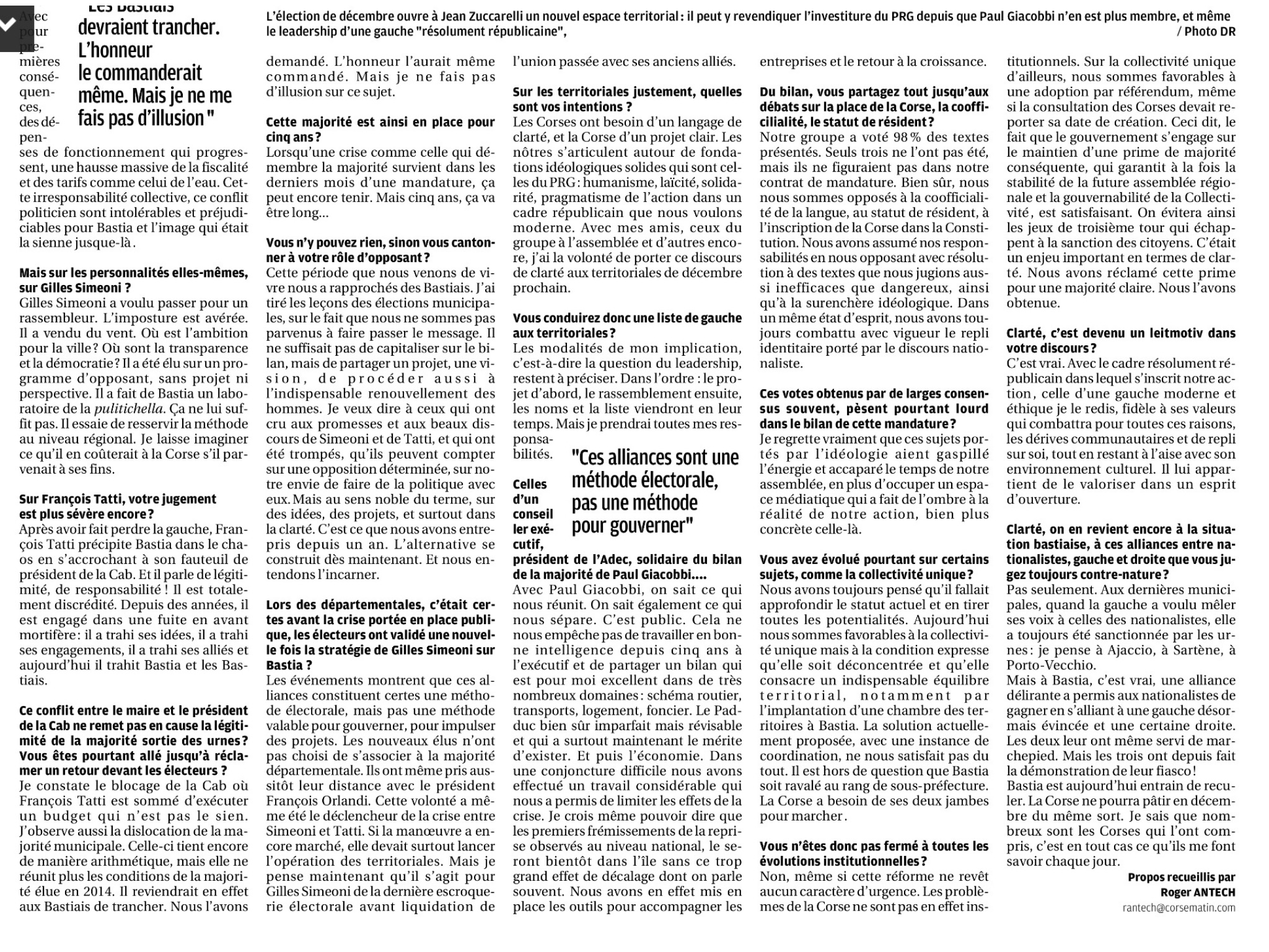 Mon interview paru dans le Corse Matin du dimanche 26 avril 2014