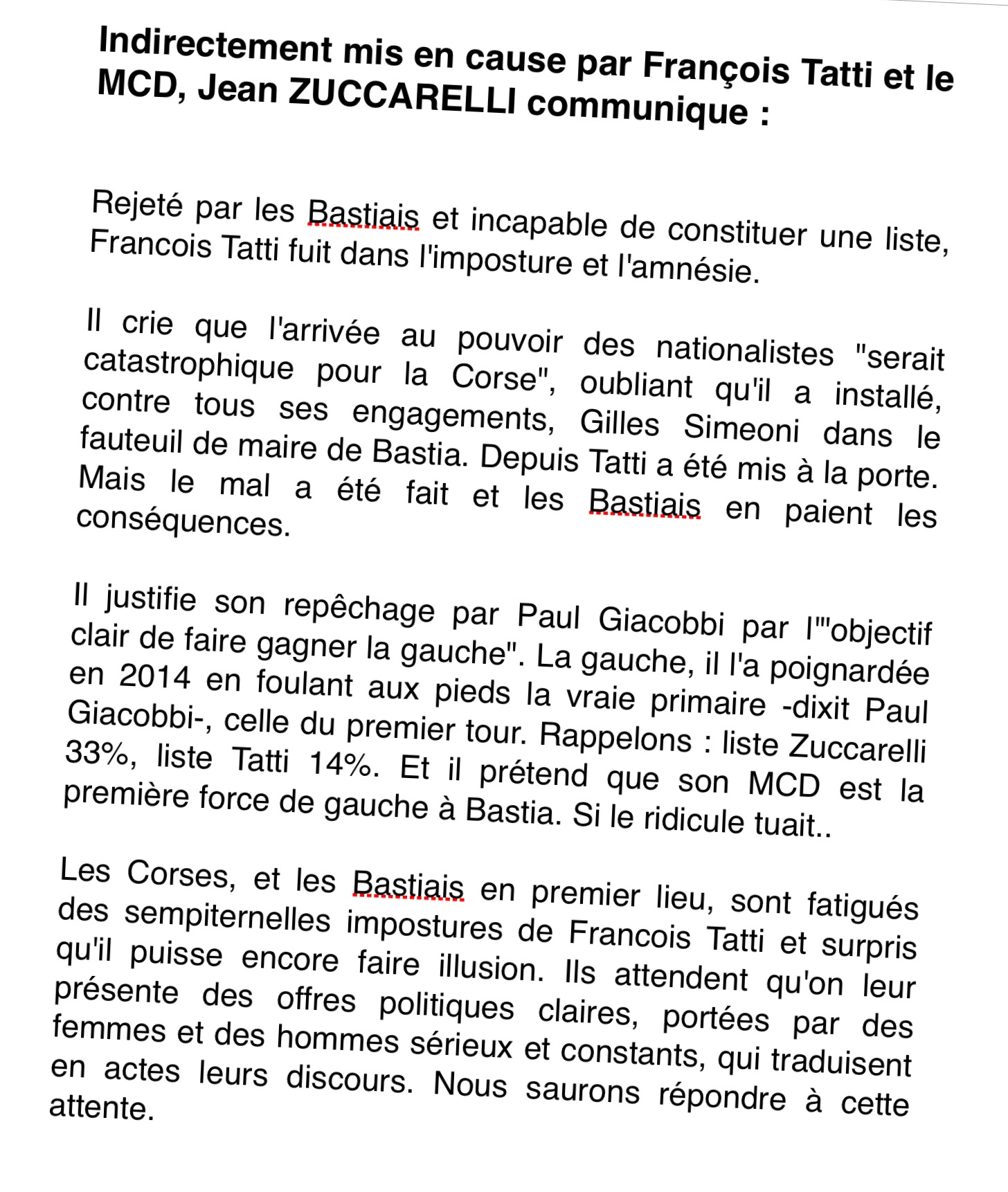 Réaction aux propos de Francois Tatti et du MCD.